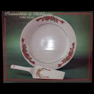 VINTAGE POINSETTIA & RIBBONS CAKE PLATE WITH MATCHING KNIFE SERVER NWT